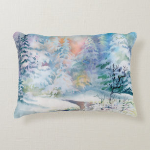 Watercolor winter landscape illustration decorative cushion