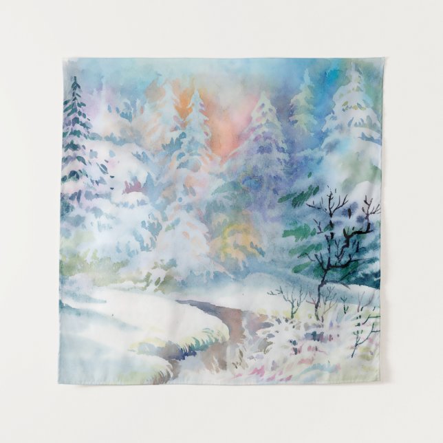 Watercolor winter landscape illustration tapestry (Front)