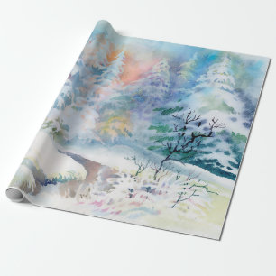 Watercolor winter landscape illustration wrapping paper