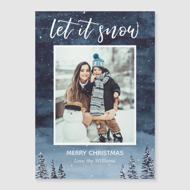 Watercolor Winter Let it Snow Photo Christmas Card (Front)