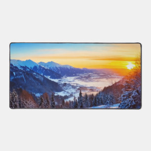 watercolor winter morning, sunrise, blue sky Desk Mat