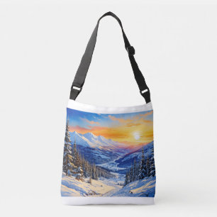 watercolor winter morning, sunrise, Reusable Groce Crossbody Bag