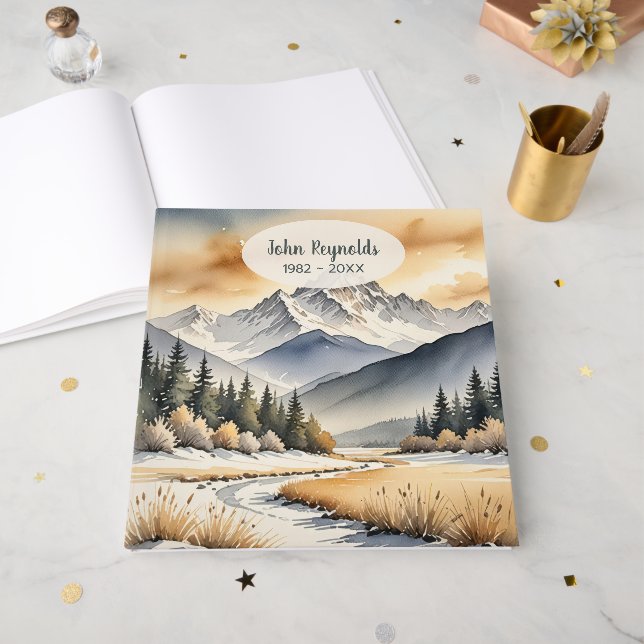Watercolor Winter Mountain Scene Guest Book (Front Open)