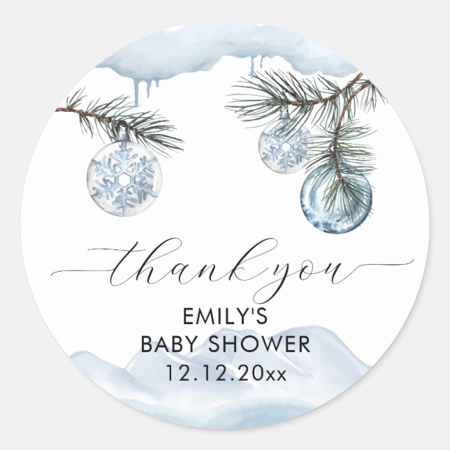 Watercolor Winter Mountain Snowflake Baby Shower  Classic Round Sticker (Front)
