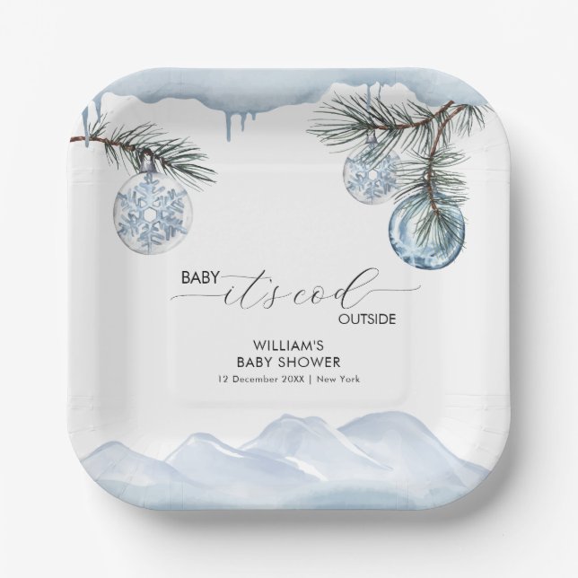 Watercolor Winter Mountain Snowflake Baby Shower Paper Plate (Front)