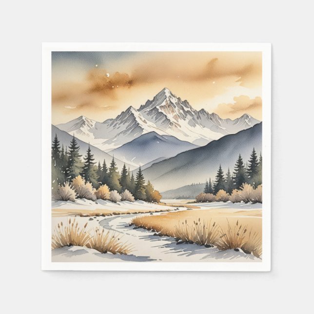 Watercolor Winter Mountain Valley Napkin (Front)
