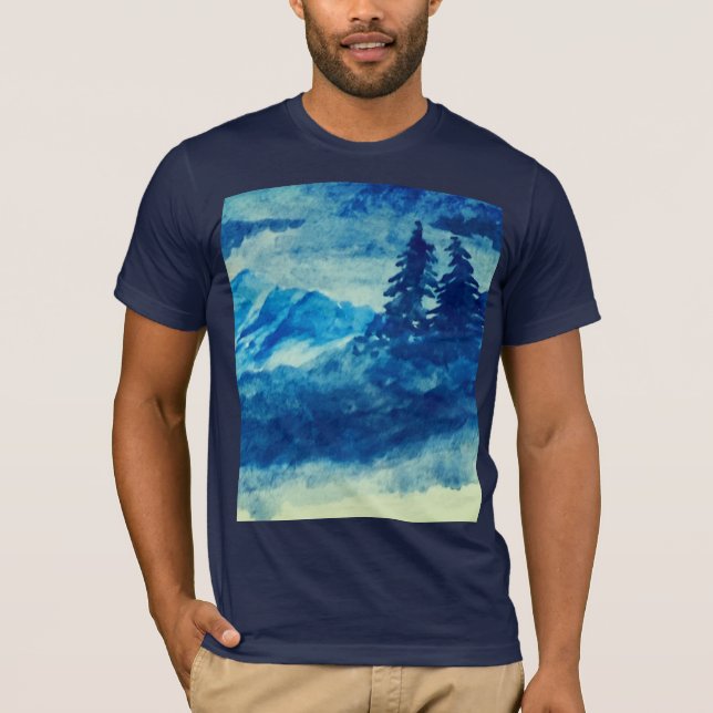 Watercolor Winter Mountains Landscape Painting T-Shirt (Front)