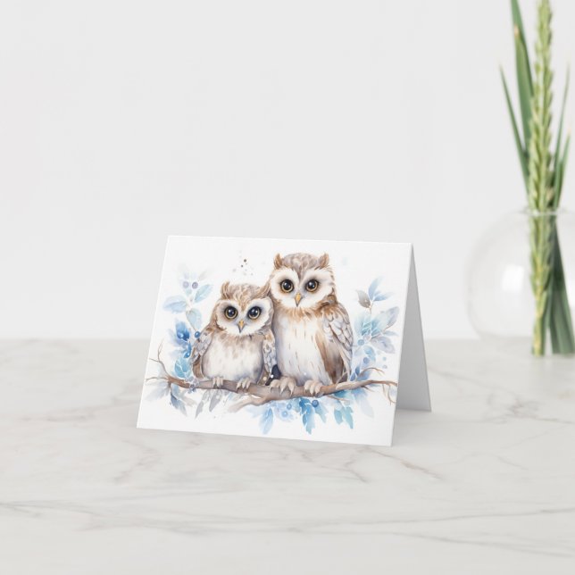 Watercolor Winter Owls  Note Card (Front)