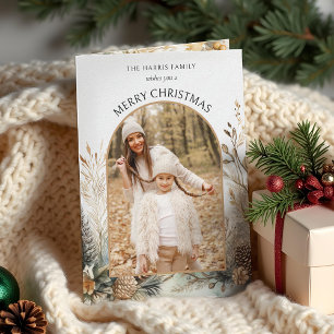Watercolor Winter Pine Botanical Arch 1-Photo Holiday Card