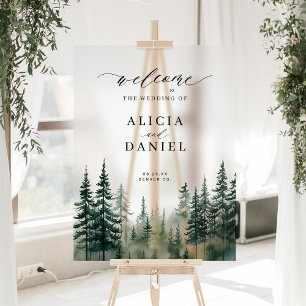 Watercolor winter pine forest wedding welcome sign