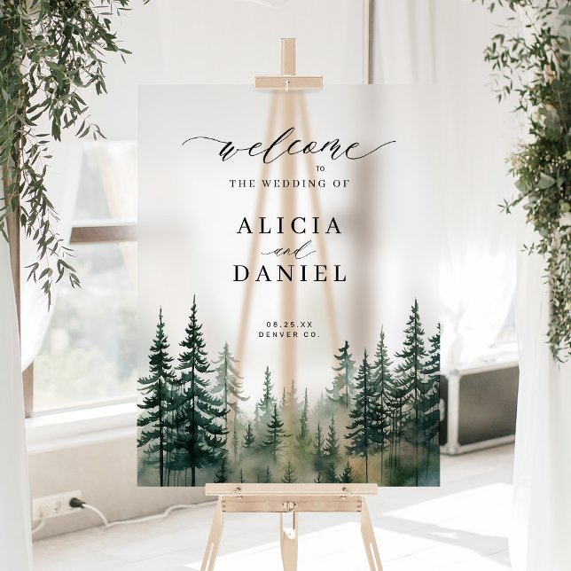 Watercolor winter pine forest wedding welcome sign (Creator Uploaded)