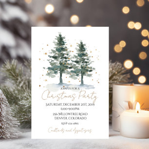 Watercolor Winter Pine Gold Christmas Invitation