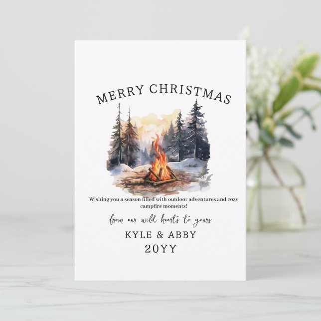 Watercolor Winter Pine tree Bonfire Christmas Invitation (Standing Front)