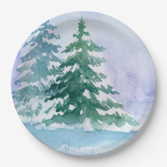 Watercolor winter pine trees paper plate (Front)