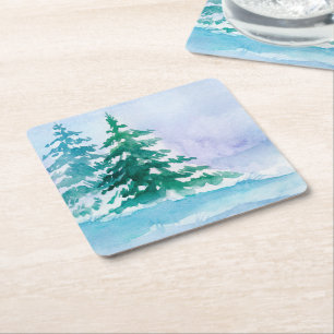 Watercolor Winter Pine Trees Reusable Square Paper Coaster