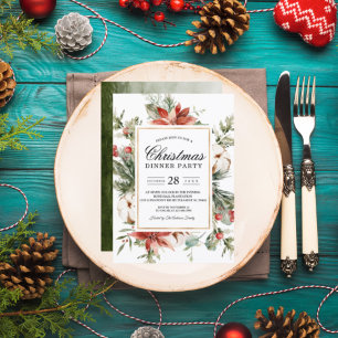Watercolor Winter Poinsettia &  Green Pine Tree  I Invitation