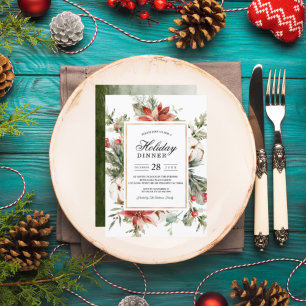 Watercolor Winter Poinsettia &  Green Pine Tree  Invitation