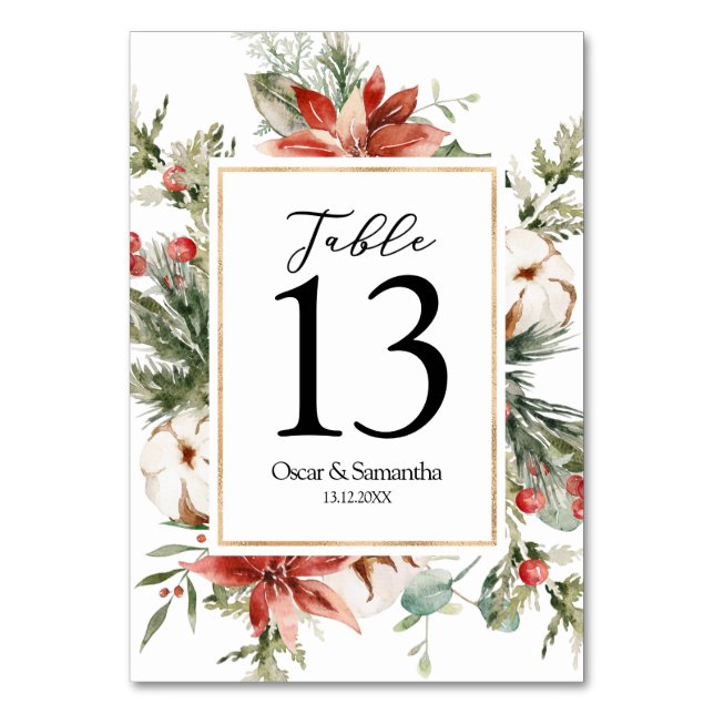 Watercolor Winter Poinsettia &  Green Pine Tree  Table Number (Front)