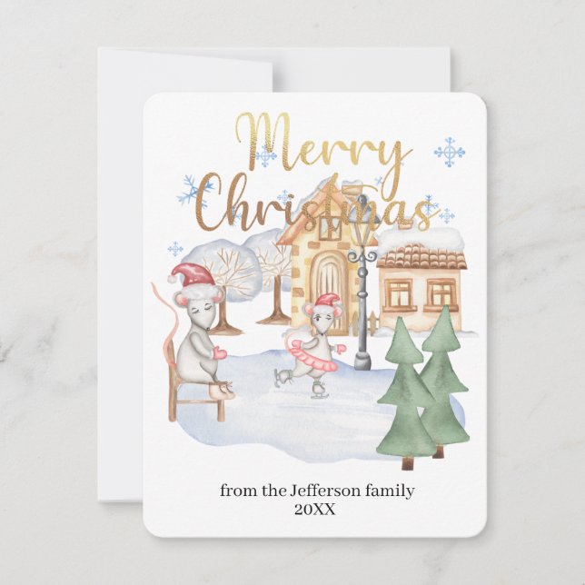 Watercolor Winter Rats Merry Christmas Holiday Card (Front)