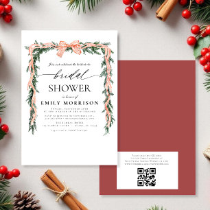 Watercolor Winter Red Bow QR Code Bridal Shower Invitation