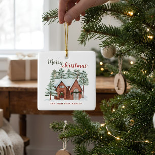 Watercolor Winter Red Green Nordic Pines Christmas Ceramic Ornament