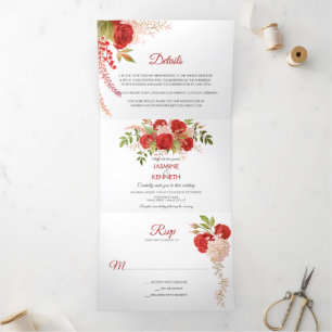Watercolor Winter Red Roses and Greenery Wedding Tri-Fold Invitation