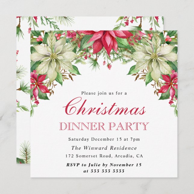 Watercolor Winter Red & White Poinsettia Christmas Invitation (Front/Back)