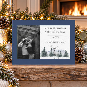 Watercolor Winter Reindeer Blue Photo Holiday Card
