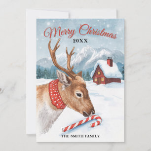 Watercolor Winter Reindeer Candy Cane Christmas Holiday Card