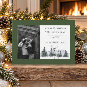 Watercolor Winter Reindeer Green Photo Holiday Card