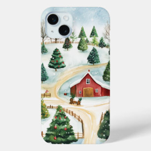 Watercolor Winter Rustic Landscape with Fir Trees iPhone 15 Mini Case