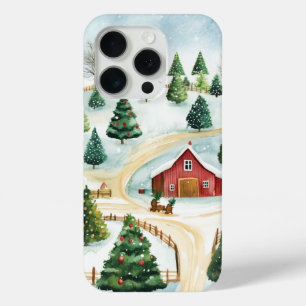 Watercolor Winter Rustic Landscape with Fir Trees iPhone 15 Pro Case