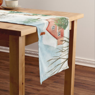 Watercolor Winter Rustic Landscape with Fir Trees Medium Table Runner