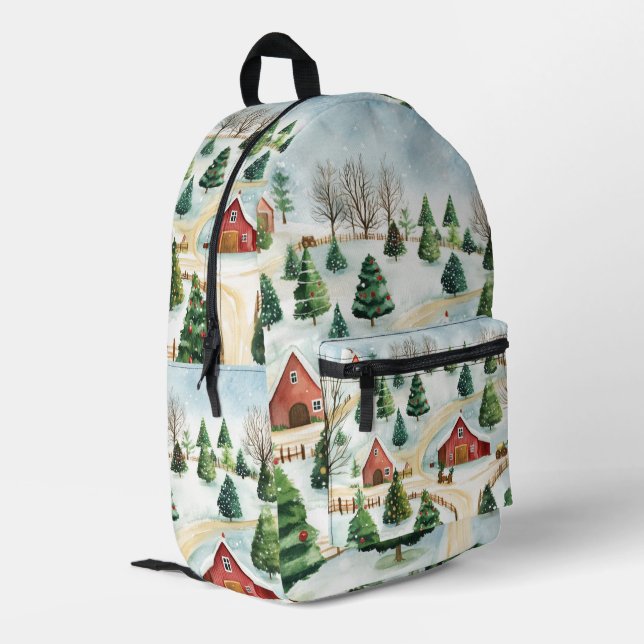 Watercolor Winter Rustic Landscape with Fir Trees Printed Backpack (Back Corner Left)