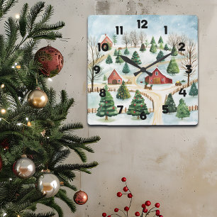 Watercolor Winter Rustic Landscape with Fir Trees Square Wall Clock