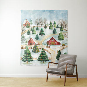 Watercolor Winter Rustic Landscape with Fir Trees Tapestry