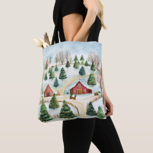 Watercolor Winter Rustic Landscape with Fir Trees Tote Bag