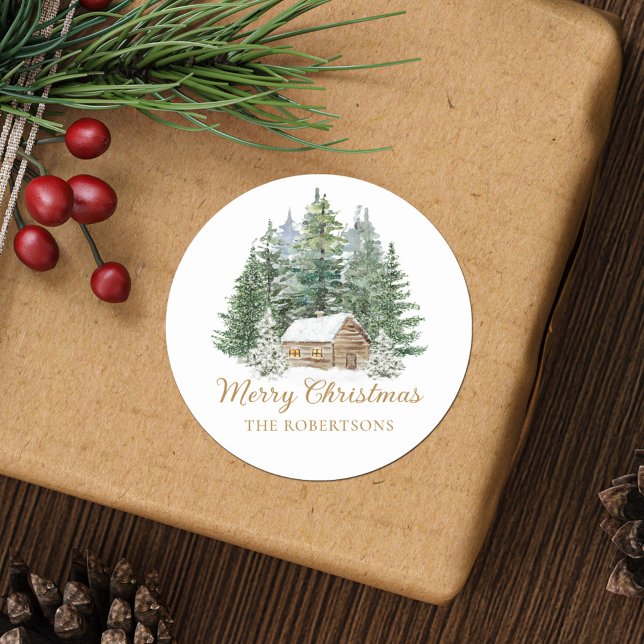 Watercolor Winter Rustic Woodland Cabin Christmas Classic Round Sticker (Creator Uploaded)