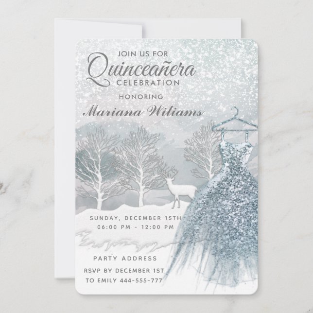 Watercolor winter scene blue dress Quinceañera  Invitation (Front)