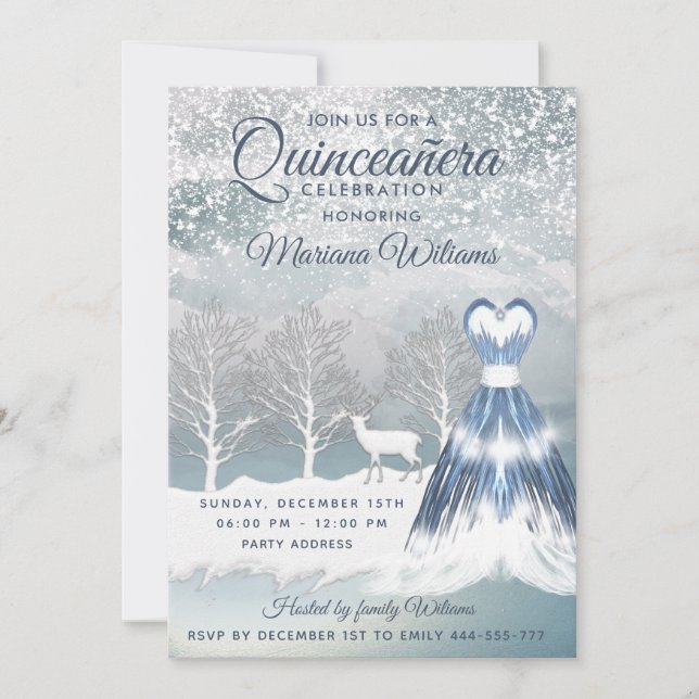 Watercolor winter scene blue dress Quinceañera  Invitation (Front)