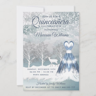 Watercolor winter scene blue dress Quinceañera  Invitation