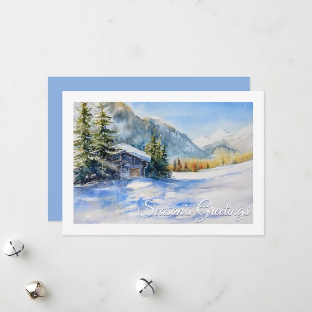 Watercolor Winter Scene Business Holiday Card (Front/Back In Situ)