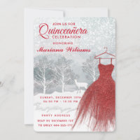 Watercolor winter scene red dress Quinceañera