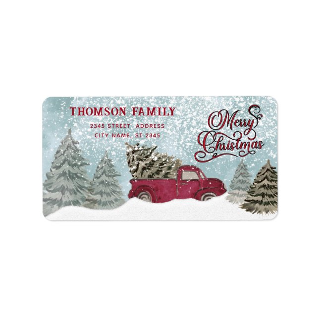 Watercolor Winter scene red truck Christmas Label (Front)