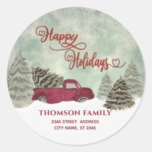 Watercolor Winter scene red truck  Holiday Classic Round Sticker