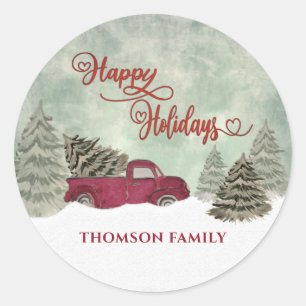 Watercolor Winter scene red truck Holiday Classic Round Sticker
