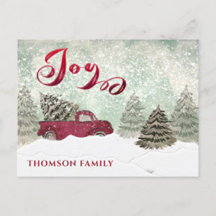 Watercolor Winter scene red truck Joy Holiday Card