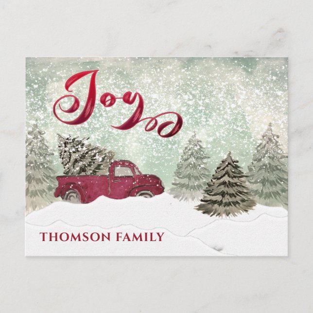 Watercolor Winter scene red truck Joy Holiday Card (Front)
