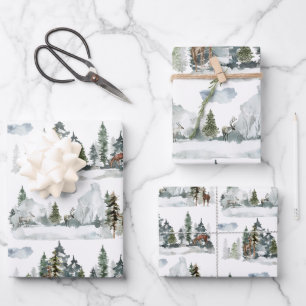 Watercolor Winter Scene Woodland Forest Reindeer W Wrapping Paper Sheet