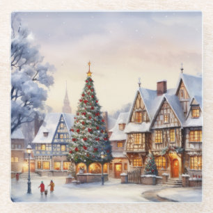 Watercolor Winter Scenery Christmas Village Glass Coaster
